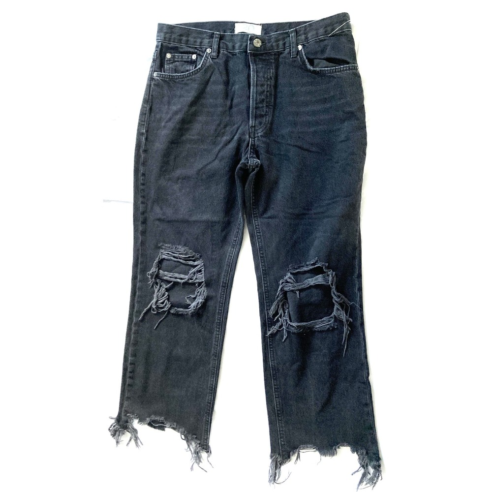 We The Free Jean Women 30 Black High Rise Straight Crop Distressed Fray